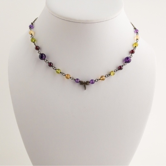 Sterling Silver Necklace Multicoloured Gemstones Dragonfly Charm Pendant Vintage - Picture 6 of 12